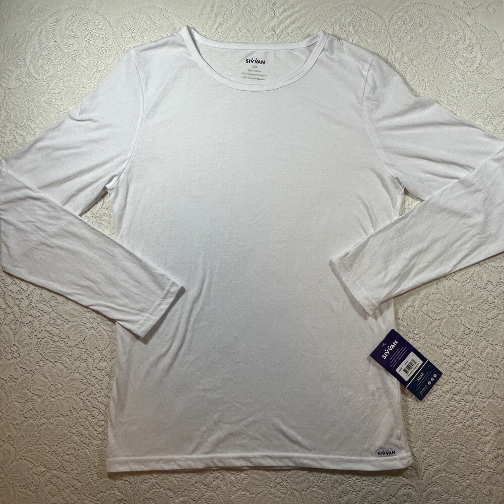 Sivvan Shirt Womens Large White Long Sleeve Classic Fit Stretch Crewneck S8500